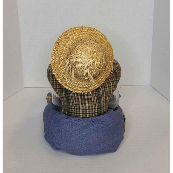 Stuffed Cloth Scarecrow Holding Glass Round Bowl with Lid Fall Colors - Picture 2 of 5